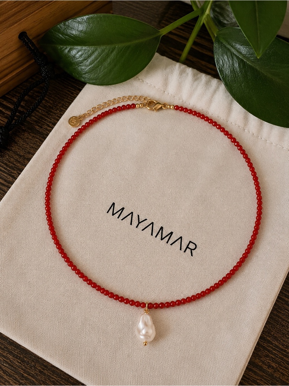 New mayamar  Red agate Beaded Necklace with Baroque Pearl